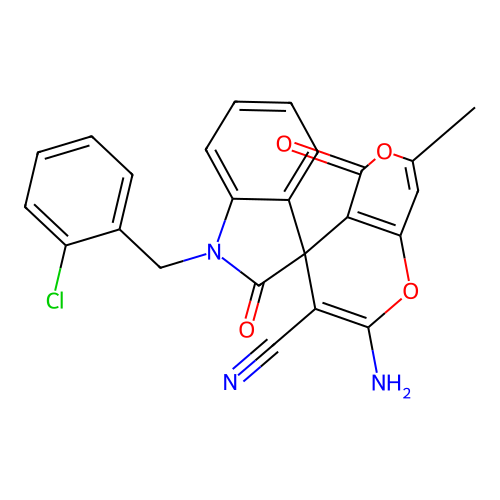 2'-amino-1-[(2-chlorophenyl)methyl]-7'-methyl-2,5'-dioxo-1,2-dihydro-5'H-spiro[indole-3,4'-pyrano[3,2-c]pyran]-3'-carbonitrile structure