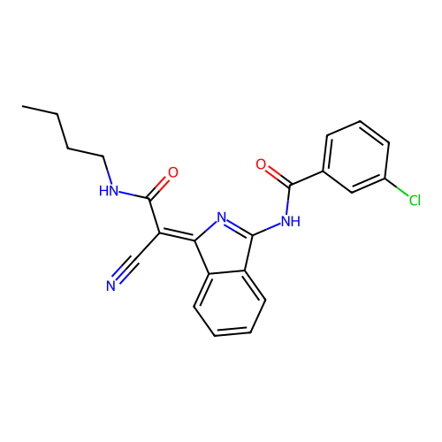 (Z)-N-(1-(2-(butylamino)-1-cyano-2-oxoethylidene)-1H-isoindol-3-yl)-3-chlorobenzamide structure