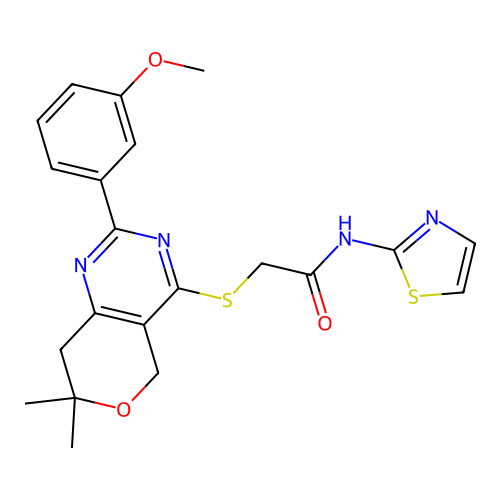 2-((2-(3-methoxyphenyl)-7,7-dimethyl-7,8-dihydro-5H-pyrano[4,3-d]pyrimidin-4-yl)thio)-N-(thiazol-2-yl)acetamide structure