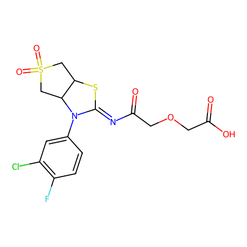 (2-{[(2Z)-3-(3-chloro-4-fluorophenyl)-5,5-dioxidotetrahydrothieno[3,4-d][1,3]thiazol-2(3H)-ylidene]amino}-2-oxoethoxy)acetic acid structure