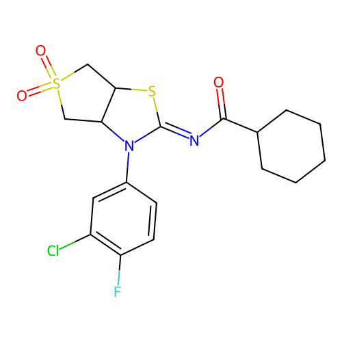 (Z)-N-(3-(3-chloro-4-fluorophenyl)-5,5-dioxidotetrahydrothieno[3,4-d]thiazol-2(3H)-ylidene)cyclohexanecarboxamide structure