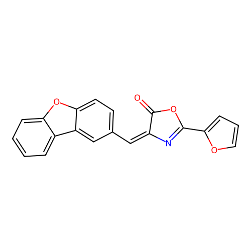 (E)-4-(dibenzo[b,d]furan-2-ylmethylene)-2-(furan-2-yl)oxazol-5(4H)-one structure