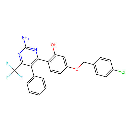 2-[2-amino-5-phenyl-6-(trifluoromethyl)-4-pyrimidinyl]-5-[(4-chlorobenzyl)oxy]phenol structure