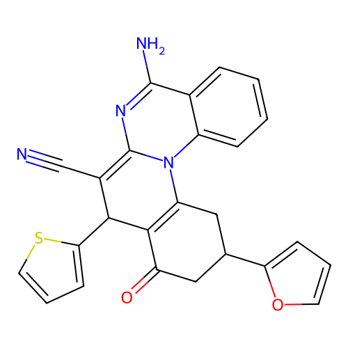 5-amino-11-(furan-2-yl)-9-oxo-8-(thiophen-2-yl)-9,10,11,12-tetrahydro-8H-quino[1,2-a]quinazoline-7-carbonitrile structure