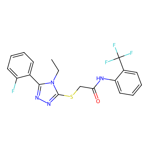 2-[[4-ethyl-5-(2-fluorophenyl)-1,2,4-triazol-3-yl]sulfanyl]-N-[2-(trifluoromethyl)phenyl]acetamide structure
