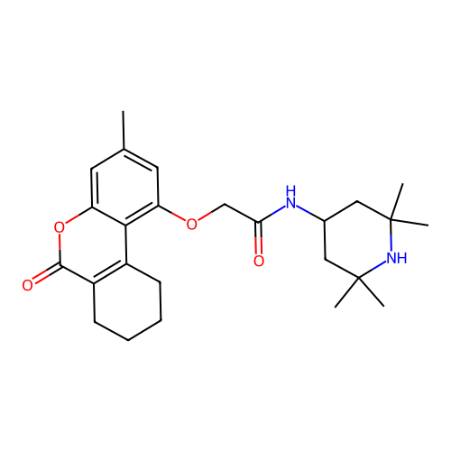 2-((3-methyl-6-oxo-7,8,9,10-tetrahydro-6H-benzo[c]chromen-1-yl)oxy)-N-(2,2,6,6-tetramethylpiperidin-4-yl)acetamide structure
