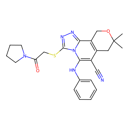 5-anilino-8,8-dimethyl-3-{[2-oxo-2-(pyrrolidin1-yl)ethyl]sulfanyl}-7,10-dihydro-8h-pyrano[3,4-c][1,2,4]triazolo[4,3-a]pyridine-6-carbonitrile structure