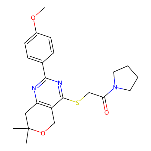 2-[[2-(4-methoxyphenyl)-7,7-dimethyl-5,8-dihydropyrano[4,3-d]pyrimidin-4-yl]sulfanyl]-1-pyrrolidin-1-ylethanone structure