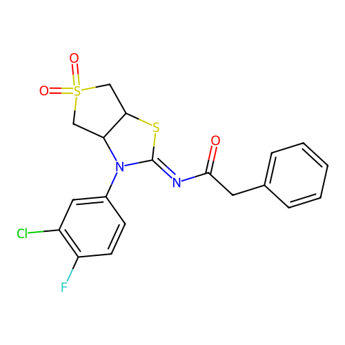 N-[(2Z)-3-(3-chloro-4-fluorophenyl)-5,5-dioxidotetrahydrothieno[3,4-d][1,3]thiazol-2(3H)-ylidene]-2-phenylacetamide structure