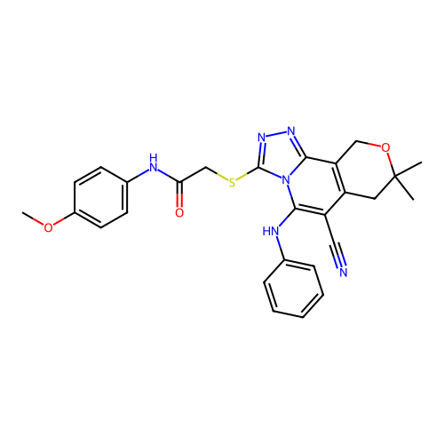 2-((6-cyano-8,8-dimethyl-5-(phenylamino)-8,10-dihydro-7H-pyrano[3,4-c][1,2,4]triazolo[4,3-a]pyridin-3-yl)thio)-N-(4-methoxyphenyl)acetamide structure