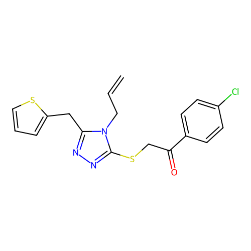 1-(4-chlorophenyl)-2-[[4-prop-2-enyl-5-(thiophen-2-ylmethyl)-1,2,4-triazol-3-yl]sulfanyl]ethanone structure