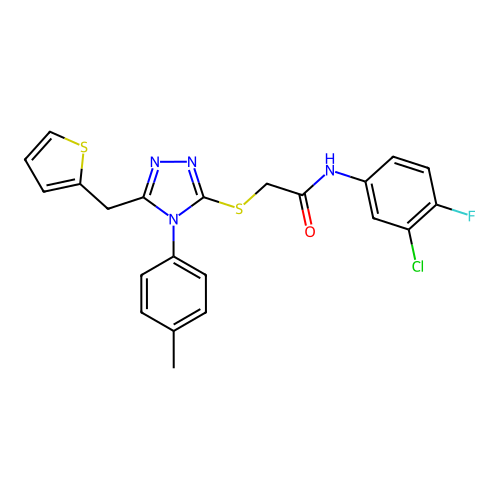 N-(3-chloro-4-fluorophenyl)-2-{[4-(4-methylphenyl)-5-(thiophen-2-ylmethyl)-4H-1,2,4-triazol-3-yl]sulfanyl}acetamide structure