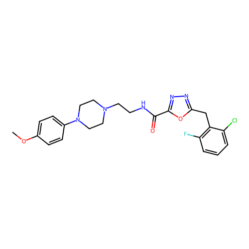 5-[(2-chloro-6-fluorophenyl)methyl]-N-[2-[4-(4-methoxyphenyl)piperazin-1-yl]ethyl]-1,3,4-oxadiazole-2-carboxamide structure