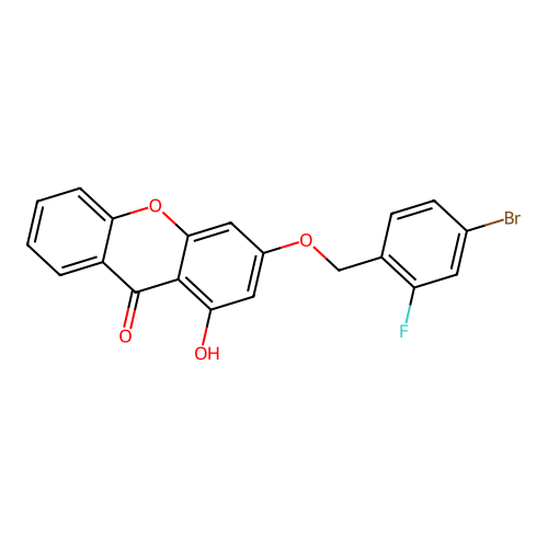 3-[(4-bromo-2-fluorobenzyl)oxy]-1-hydroxy-9H-xanthen-9-one structure