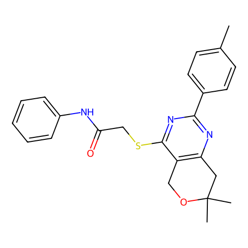2-((7,7-dimethyl-2-(p-tolyl)-7,8-dihydro-5H-pyrano[4,3-d]pyrimidin-4-yl)thio)-N-phenylacetamide structure