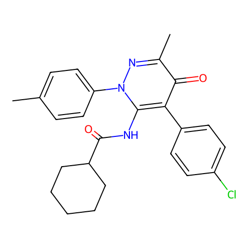N-(4-(4-chlorophenyl)-6-methyl-5-oxo-2-(p-tolyl)-2,5-dihydropyridazin-3-yl)cyclohexanecarboxamide structure
