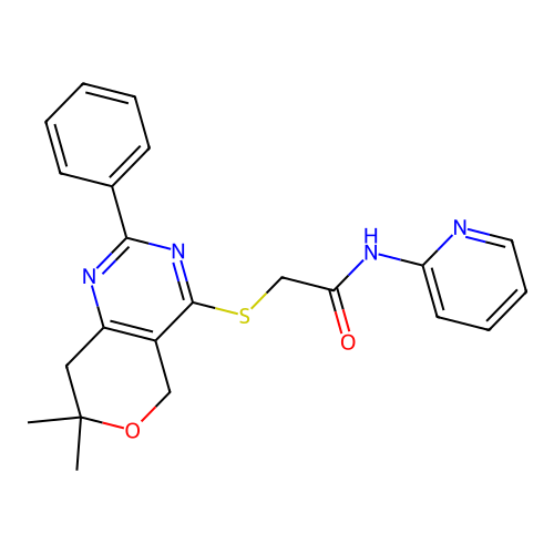 2-((7,7-dimethyl-2-phenyl-7,8-dihydro-5H-pyrano[4,3-d]pyrimidin-4-yl)thio)-N-(pyridin-2-yl)acetamide structure