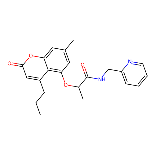 2-((7-methyl-2-oxo-4-propyl-2H-chromen-5-yl)oxy)-N-(pyridin-2-ylmethyl)propanamide structure