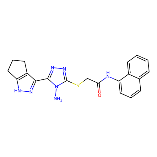 2-((4-amino-5-(1,4,5,6-tetrahydrocyclopenta[c]pyrazol-3-yl)-4H-1,2,4-triazol-3-yl)thio)-N-(naphthalen-1-yl)acetamide structure