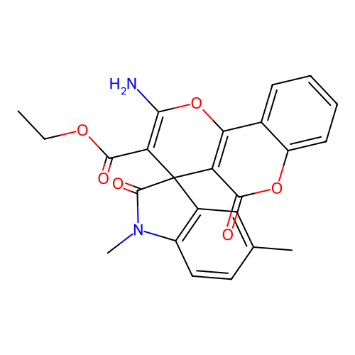 ethyl 2'-amino-1,5-dimethyl-2,5'-dioxo-5'H-spiro[indoline-3,4'-pyrano[3,2-c]chromene]-3'-carboxylate structure