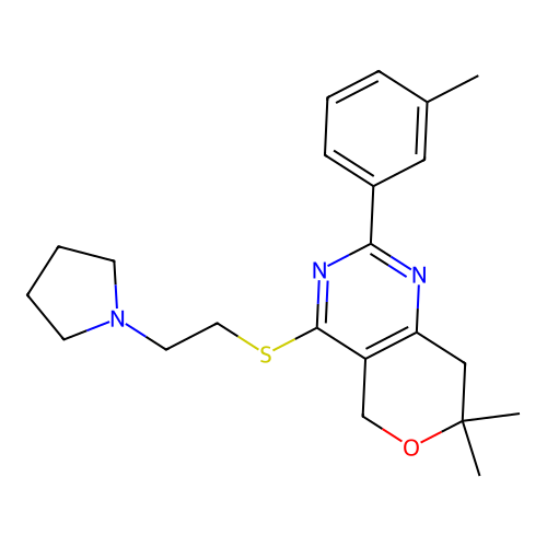 7,7-dimethyl-2-(3-methylphenyl)-4-(2-pyrrolidin-1-ylethylsulfanyl)-5,8-dihydropyrano[4,3-d]pyrimidine structure