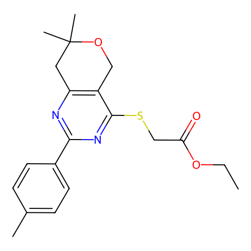ethyl 2-[[7,7-dimethyl-2-(4-methylphenyl)-5,8-dihydropyrano[4,3-d]pyrimidin-4-yl]sulfanyl]acetate structure