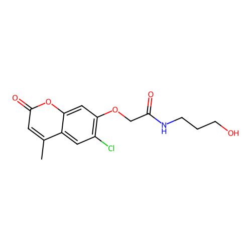 2-((6-chloro-4-methyl-2-oxo-2H-chromen-7-yl)oxy)-N-(3-hydroxypropyl)acetamide structure