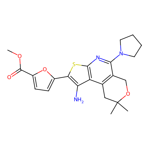 methyl 5-(1-amino-8,8-dimethyl-5-(pyrrolidin-1-yl)-8,9-dihydro-6H-pyrano[4,3-d]thieno[2,3-b]pyridin-2-yl)furan-2-carboxylate structure