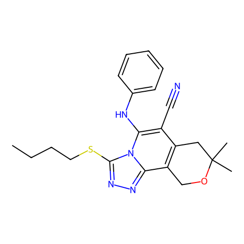 3-(butylsulfanyl)-8,8-dimethyl-5-(phenylamino)-7,10-dihydro-8H-pyrano[3,4-c][1,2,4]triazolo[4,3-a]pyridine-6-carbonitrile structure