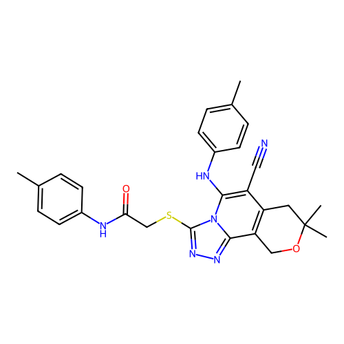 2-((6-cyano-8,8-dimethyl-5-(p-tolylamino)-8,10-dihydro-7H-pyrano[3,4-c][1,2,4]triazolo[4,3-a]pyridin-3-yl)thio)-N-(p-tolyl)acetamide structure