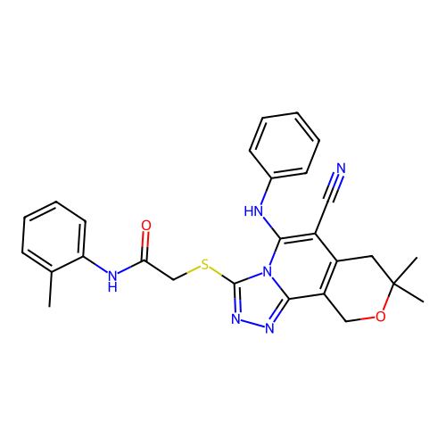 2-((6-cyano-8,8-dimethyl-5-(phenylamino)-8,10-dihydro-7H-pyrano[3,4-c][1,2,4]triazolo[4,3-a]pyridin-3-yl)thio)-N-(o-tolyl)acetamide structure