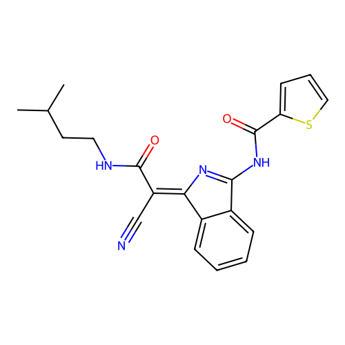 (Z)-N-(1-(1-cyano-2-(isopentylamino)-2-oxoethylidene)-1H-isoindol-3-yl)thiophene-2-carboxamide structure