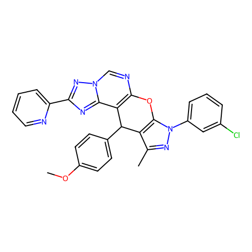 8-(3-chlorophenyl)-11-(4-methoxyphenyl)-10-methyl-2-(pyridin-2-yl)-8,11-dihydropyrazolo[4',3':5,6]pyrano[3,2-e][1,2,4]triazolo[1,5-c]pyrimidine structure
