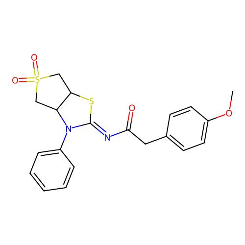 N-[(2E)-5,5-dioxido-3-phenyltetrahydrothieno[3,4-d][1,3]thiazol-2(3H)-ylidene]-2-(4-methoxyphenyl)acetamide structure