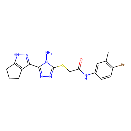 2-((4-amino-5-(1,4,5,6-tetrahydrocyclopenta[c]pyrazol-3-yl)-4H-1,2,4-triazol-3-yl)thio)-N-(4-bromo-3-methylphenyl)acetamide structure