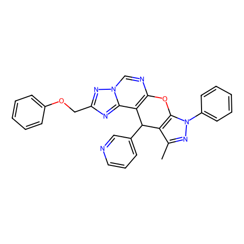 10-methyl-2-(phenoxymethyl)-8-phenyl-11-(pyridin-3-yl)-8,11-dihydropyrazolo[4',3':5,6]pyrano[3,2-e][1,2,4]triazolo[1,5-c]pyrimidine structure