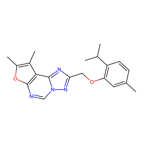 2-((2-isopropyl-5-methylphenoxy)methyl)-8,9-dimethylfuro[3,2-e][1,2,4]triazolo[1,5-c]pyrimidine structure