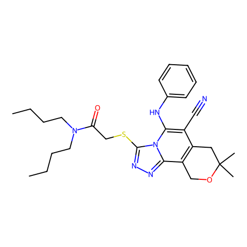 N,N-dibutyl-2-((6-cyano-8,8-dimethyl-5-(phenylamino)-8,10-dihydro-7H-pyrano[3,4-c][1,2,4]triazolo[4,3-a]pyridin-3-yl)thio)acetamide structure