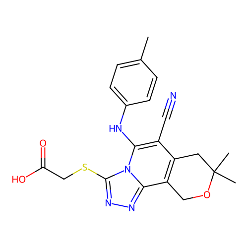 ({6-cyano-8,8-dimethyl-5-[(4-methylphenyl)amino]-7,10-dihydro-8H-pyrano[3,4-c][1,2,4]triazolo[4,3-a]pyridin-3-yl}sulfanyl)acetic acid structure