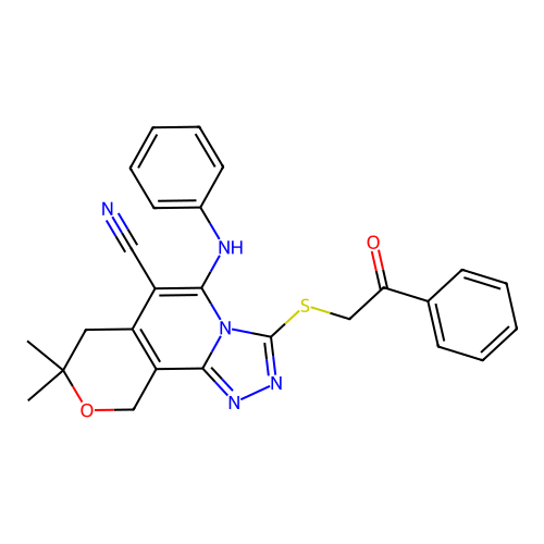 8,8-dimethyl-3-((2-oxo-2-phenylethyl)thio)-5-(phenylamino)-8,10-dihydro-7H-pyrano[3,4-c][1,2,4]triazolo[4,3-a]pyridine-6-carbonitrile structure