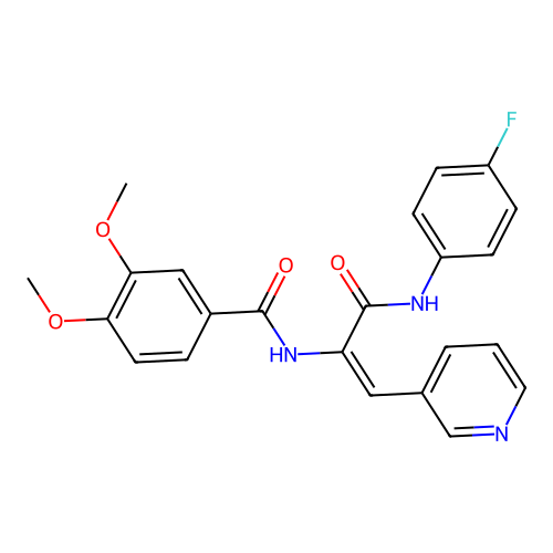 N-[(E)-3-(4-fluoroanilino)-3-oxo-1-pyridin-3-ylprop-1-en-2-yl]-3,4-dimethoxybenzamide structure