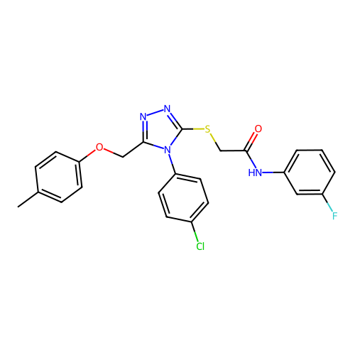 2-((4-(4-chlorophenyl)-5-((p-tolyloxy)methyl)-4H-1,2,4-triazol-3-yl)thio)-N-(3-fluorophenyl)acetamide structure