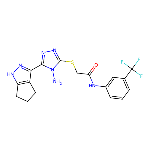 2-((4-amino-5-(1,4,5,6-tetrahydrocyclopenta[c]pyrazol-3-yl)-4H-1,2,4-triazol-3-yl)thio)-N-(3-(trifluoromethyl)phenyl)acetamide structure