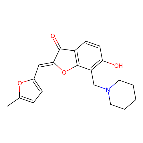 (Z)-6-hydroxy-2-((5-methylfuran-2-yl)methylene)-7-(piperidin-1-ylmethyl)benzofuran-3(2H)-one structure