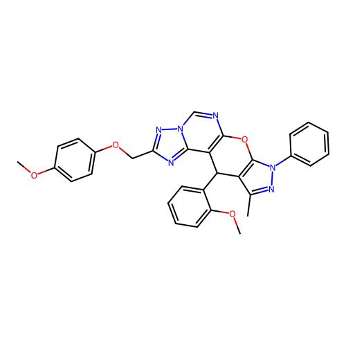 2-[(4-methoxyphenoxy)methyl]-11-(2-methoxyphenyl)-10-methyl-8-phenyl-8,11-dihydropyrazolo[4',3':5,6]pyrano[3,2-e][1,2,4]triazolo[1,5-c]pyrimidine structure