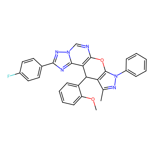 2-(4-fluorophenyl)-11-(2-methoxyphenyl)-10-methyl-8-phenyl-8,11-dihydropyrazolo[4',3':5,6]pyrano[3,2-e][1,2,4]triazolo[1,5-c]pyrimidine structure