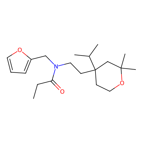 N-[2-(2,2-dimethyl-4-propan-2-yloxan-4-yl)ethyl]-N-(furan-2-ylmethyl)propanamide structure