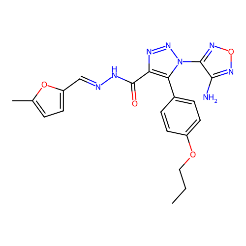 (E)-1-(4-amino-1,2,5-oxadiazol-3-yl)-N'-((5-methylfuran-2-yl)methylene)-5-(4-propoxyphenyl)-1H-1,2,3-triazole-4-carbohydrazide structure
