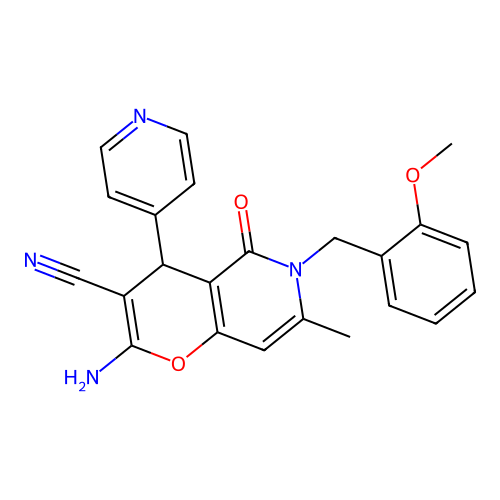 2-amino-6-(2-methoxybenzyl)-7-methyl-5-oxo-4-(pyridin-4-yl)-5,6-dihydro-4H-pyrano[3,2-c]pyridine-3-carbonitrile structure