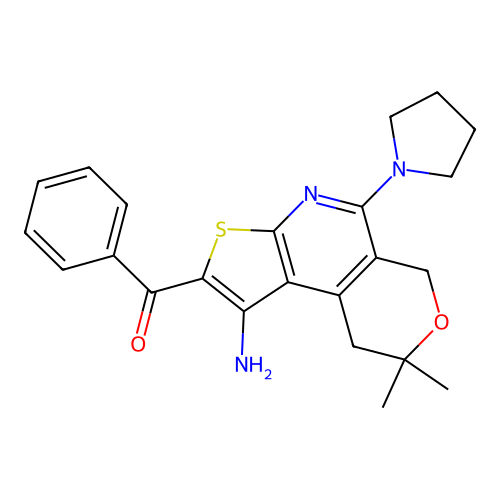 (1-amino-8,8-dimethyl-5-(pyrrolidin-1-yl)-8,9-dihydro-6H-pyrano[4,3-d]thieno[2,3-b]pyridin-2-yl)(phenyl)methanone structure